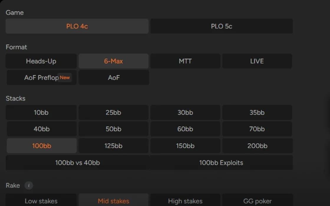 PLO Genius preflop setup — game, format, stack size and rake selection